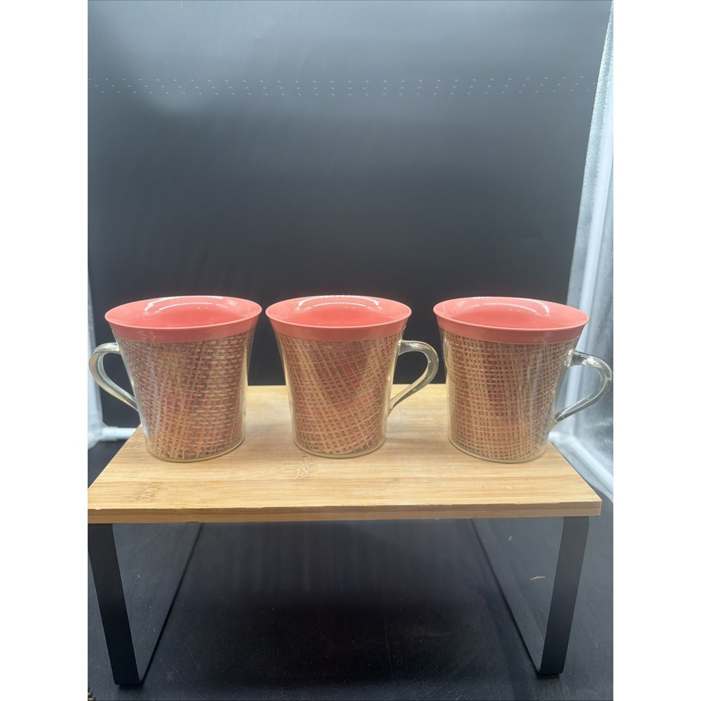 3 VINTAGE MCM Raffia Ware Mugs Peach/Pink Coffee Cups Burlap Thermo Temp